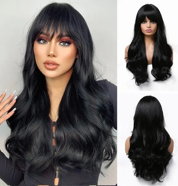 Luxora ™ Black Wavy Wig con flequillo