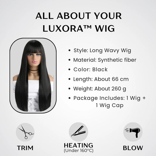 Luxora ™ Black Wavy Wig con flequillo